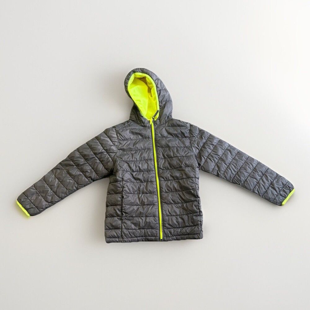 Hooded Puffer Coat Amazon Essentials Boys Size: M 8-10 Grey Neon Yellow Packable